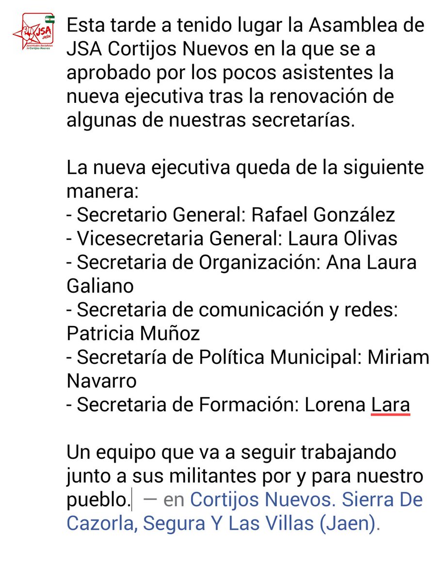 JSACN's tweet photo. Renovación de ejecutiva en JSA Cortijos Nuevos! Seguimos trabajando por los jóvenes de nuestro pueblo! https://t.co/jXL46sMgW4