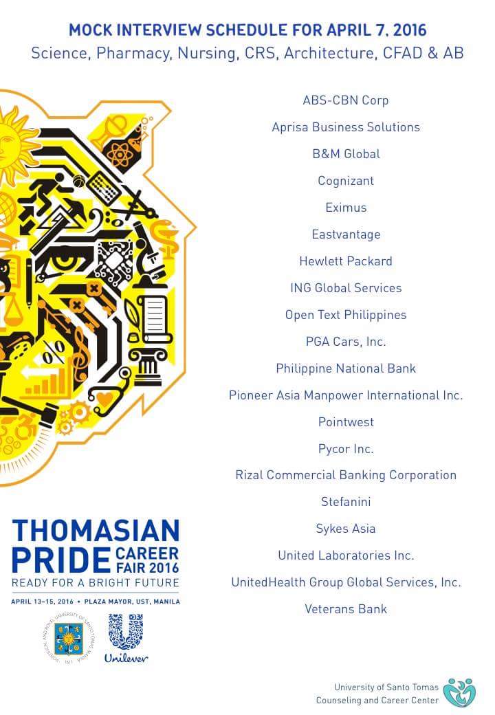 ustpsychsoc's tweet photo. List of companies participating in the coming mock interviews on April 5-7 #ReadyForABrightFuture #USTCareerFair2016 https://t.co/zip9o4HrOm
