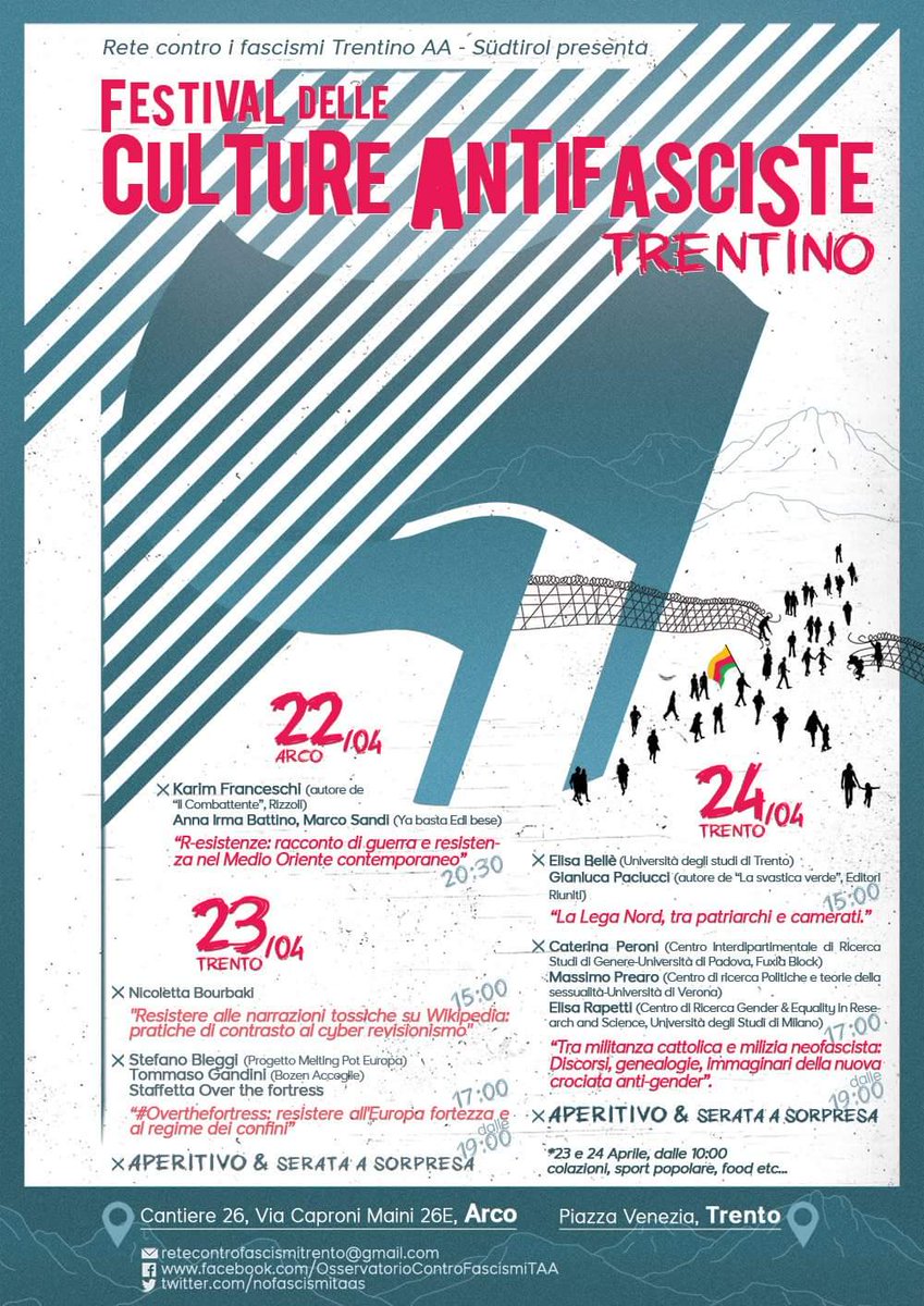 nofascismiTAAS's tweet photo. Le aggressioni fasciste non ci fermano! il programma 1^ festival delle culture antifasciste Trentino Trento #Arco https://t.co/gCcgkCVRfE