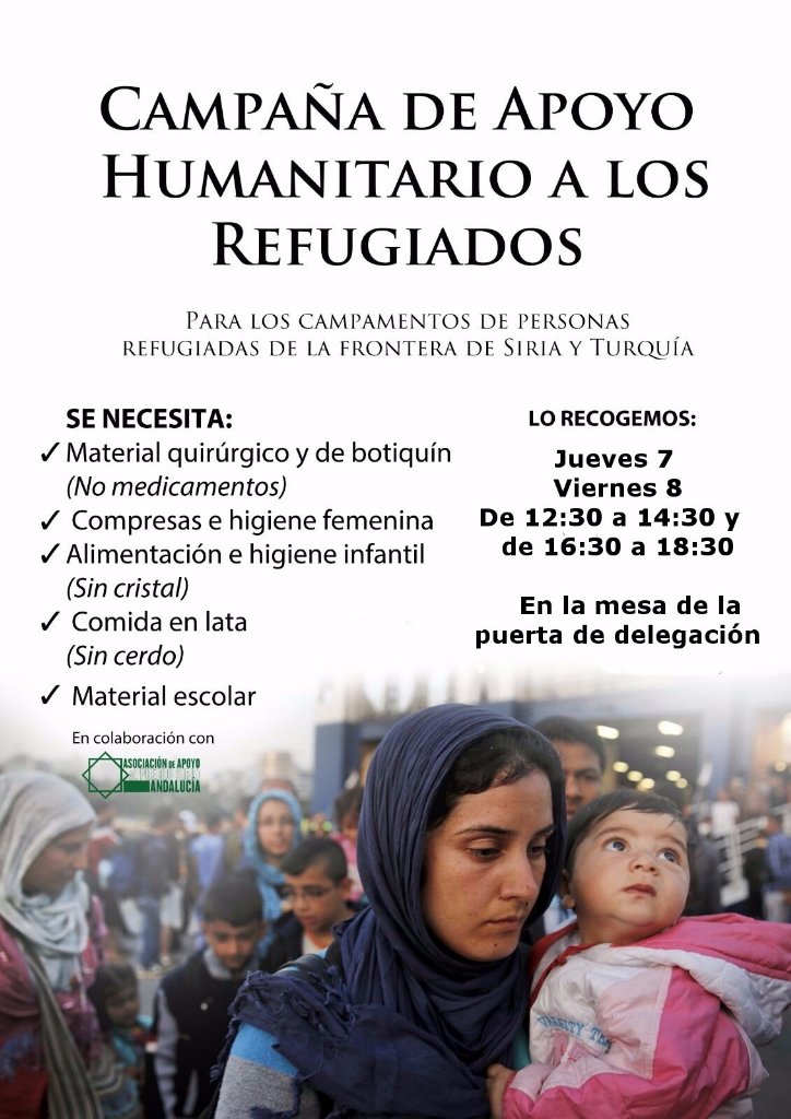 MAEFCOM's tweet photo. SOLIDARIDAD REFUGIADXS. El 7 y 8 de 12:30 a 14:30 y de 16:30 a 18:30 en la mesa del hall (Puerta de la delegación) https://t.co/FDi1LVtJQc