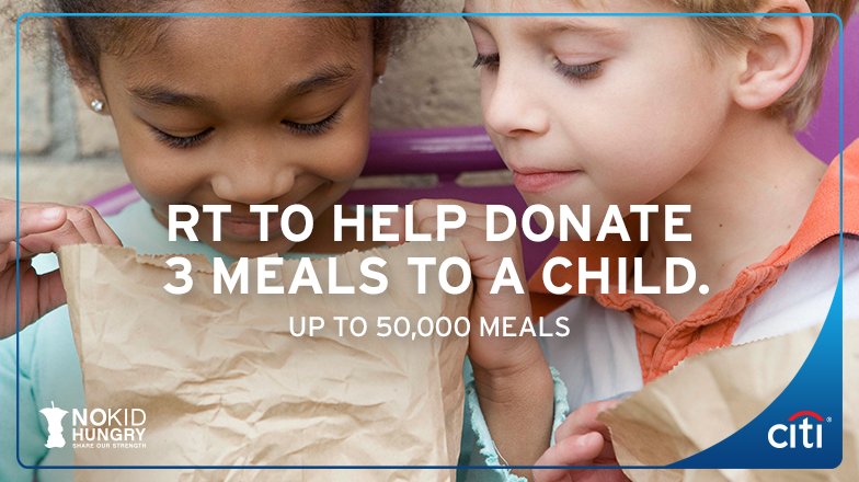 Citibank's tweet photo. Providing 3 meals for a hungry child is as easy as retweeting. #CitiGiving #NoKidHungry https://t.co/EsyCxZ4QQx