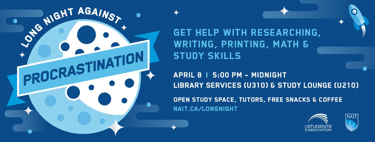 NAIT's tweet photo. #NAIT students, attend @NAITLibrary #NAITLongNight April 8. Study, finish projects, get snacks + coffee! https://t.co/zmrOxZraU9