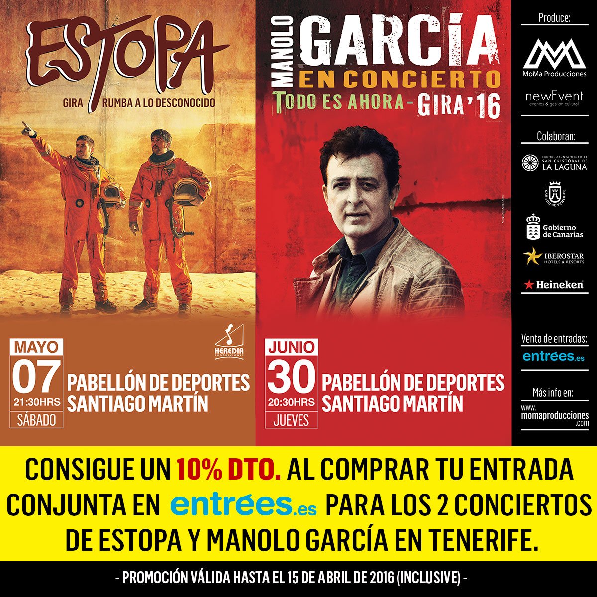 momaproduc's tweet photo. Consigue un 10% de dto. si compras tu entrada para los 2 conciertos de @estopaoficial y Manolo García en Canarias RT https://t.co/WM8511emha