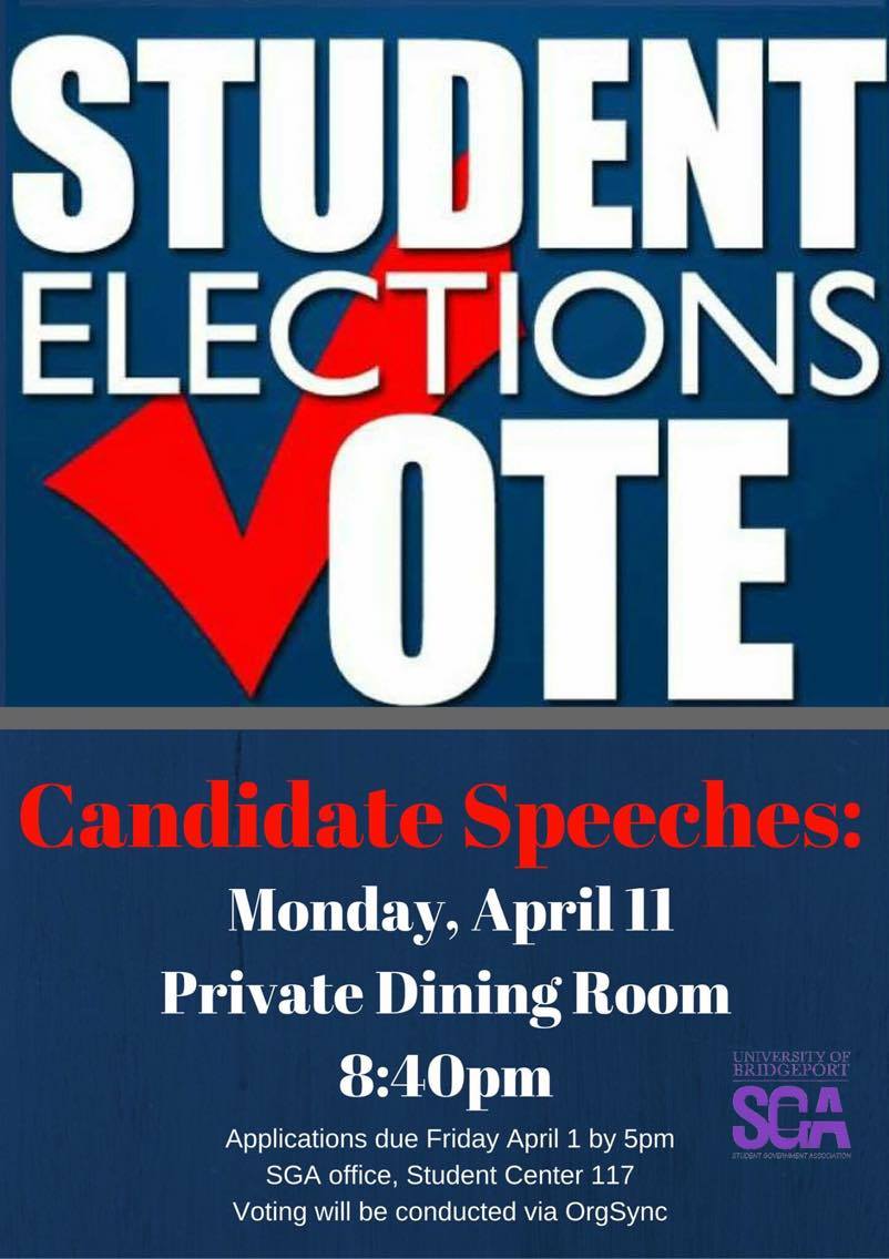 UBSGA's tweet photo. Come out on Monday, April 11th to hear the candidate speeches before casting your vote! #UB #SGA #ELECTIONS https://t.co/r36eNDOUj7