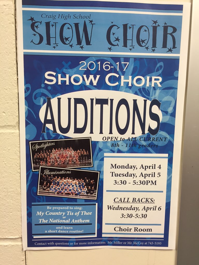 CraigSpots's tweet photo. Don't forget to audition today and tomorrow 330-530 in the choir room! https://t.co/C5p16VtmIR