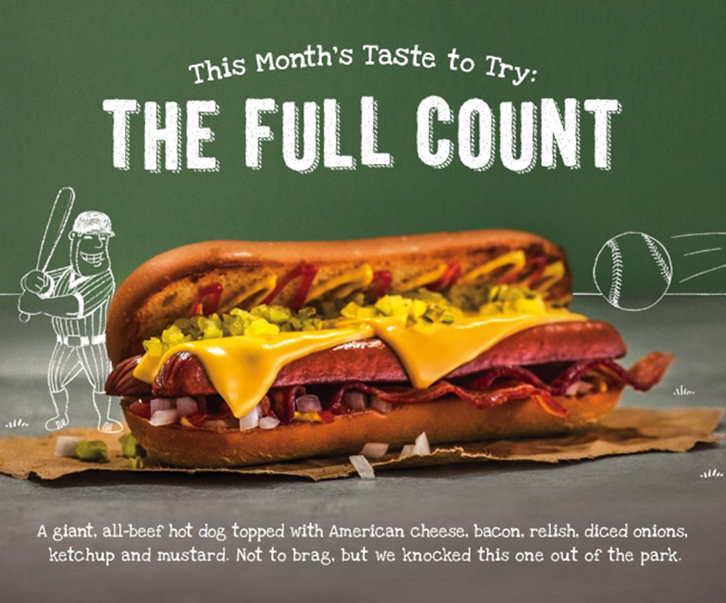 MooyahOC's tweet photo. #MOOYAH April Taste 2 Try is #TheFullCount:#AllBeef #HotDog, fresh bun, #allthefixins.#BatterUp! #openingday #capson https://t.co/2Rl2gCXf8C