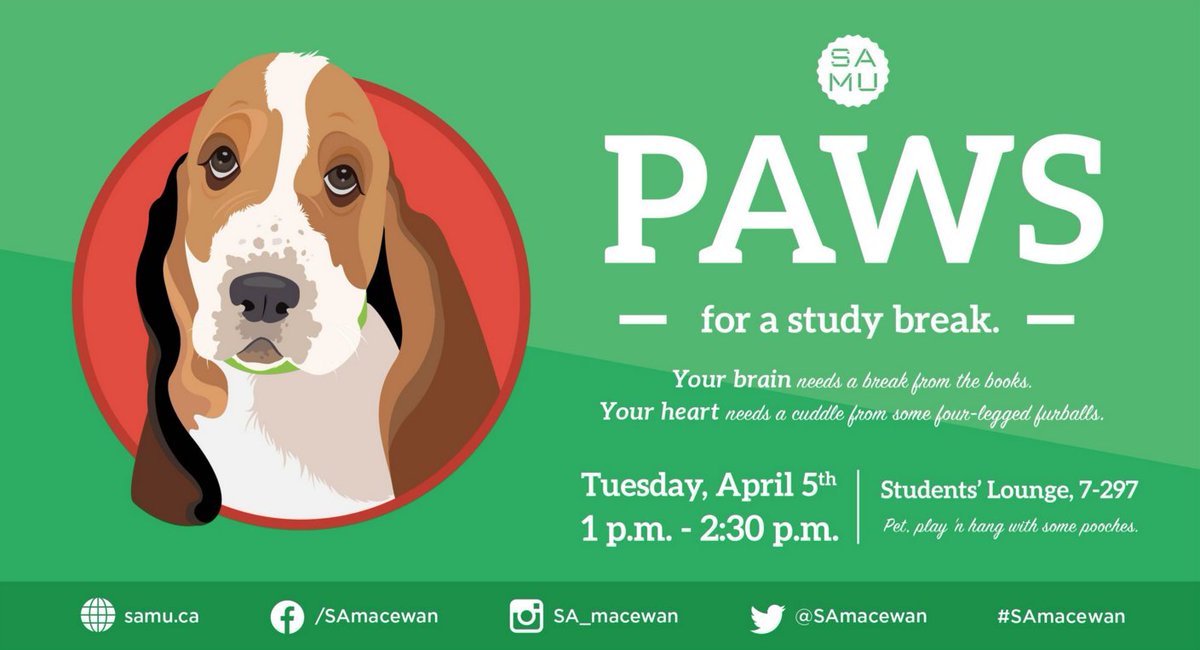 SAMacEwan's tweet photo. Tomorrow in the Students' Lounge, 1 p.m.! Part of StressLess :) Woof! #SAmacewan #MacEwanU https://t.co/7yjXA3GIIH