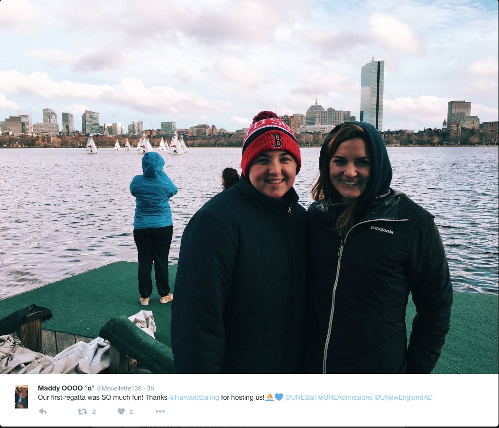 UNESports's tweet photo. Great photo of @UNESail at their first regatta of the season at Harvard/Charles River. #UNESailing #WeAreUNE https://t.co/DuJ7up0fLH