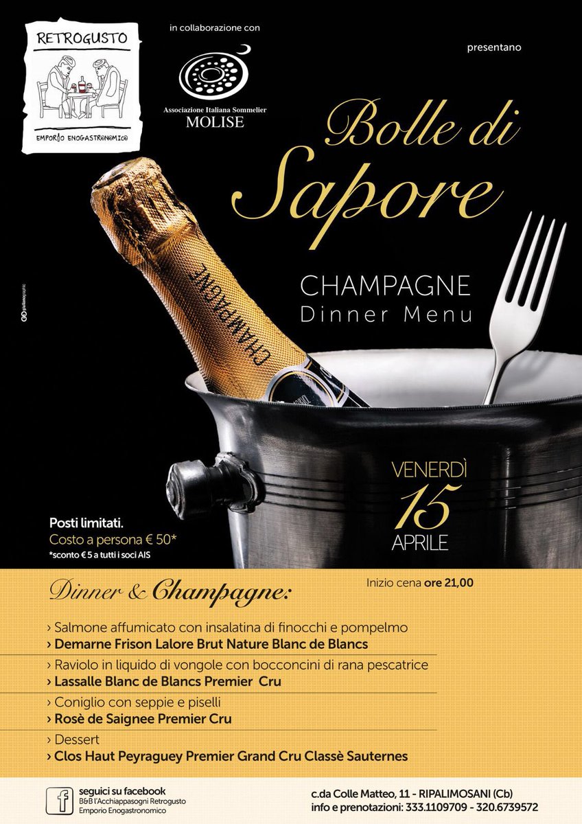 Cena d'eccezione, venerdì 15 aprile, con #AisMolise e chef #AntonioTrotta  insieme a #champagne di grande pregio