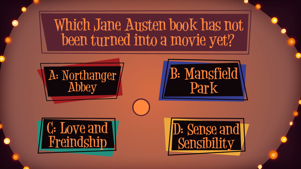 Ted_Witz's tweet photo. Which Jane Austen book has not been turned into a movie yet? #quizwitz https://t.co/obMiVFnSqE