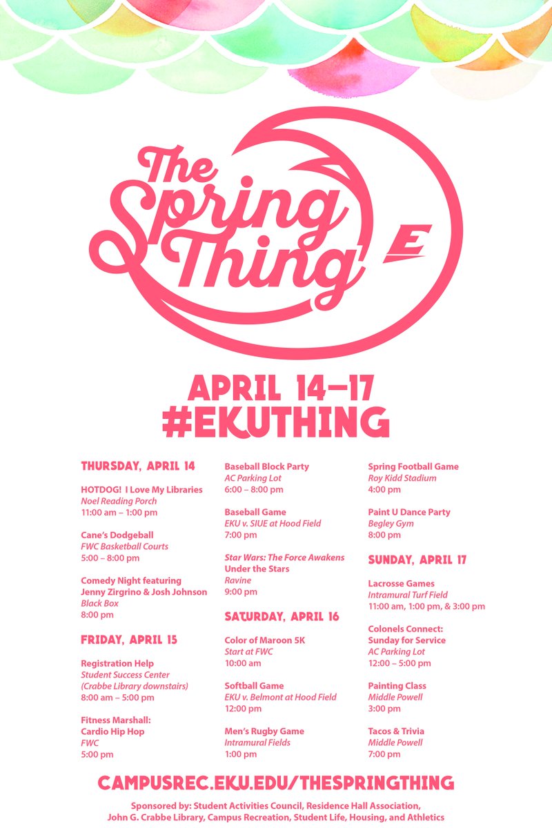 EKUCampusRec's tweet photo. We have a lot of really fun events scheduled for April 14-17! Take a look, you won't want to miss. #TheSpringThing https://t.co/p54ZIoWyYo