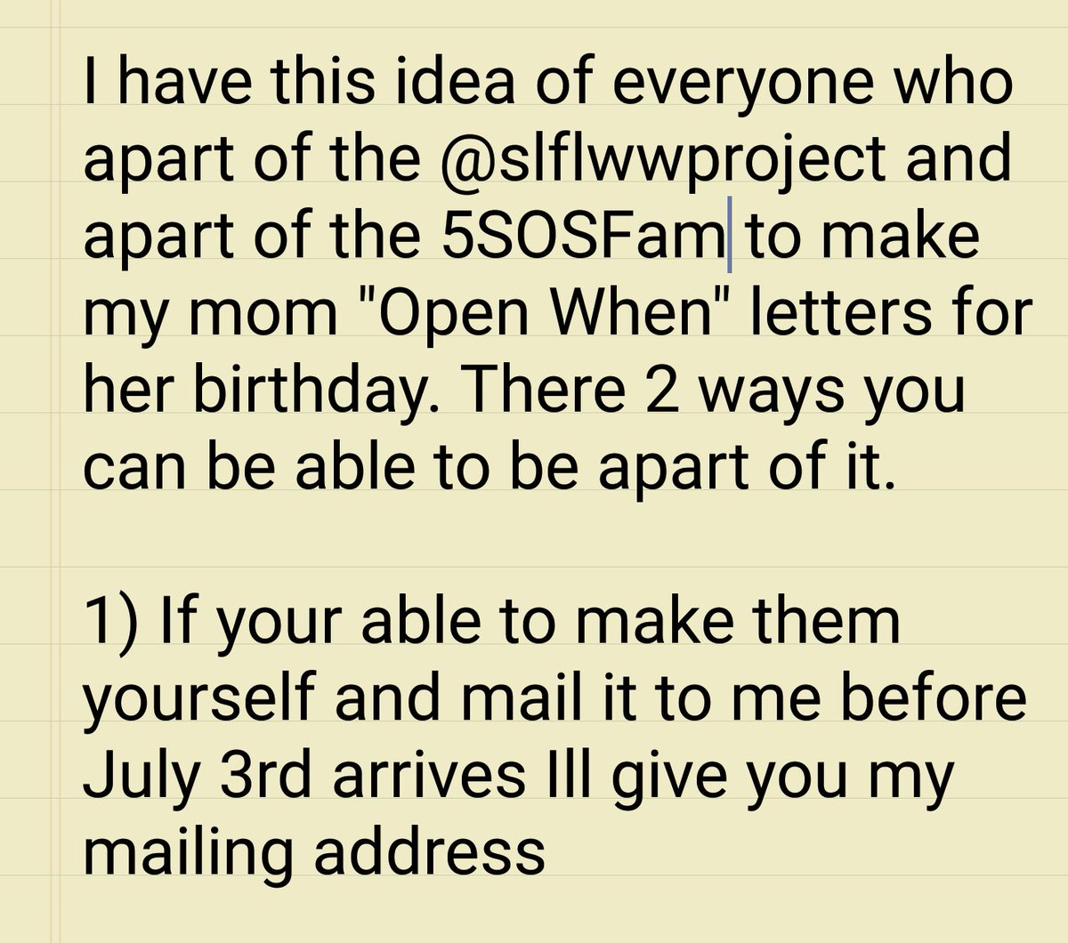 AudreaLife's tweet photo. Follow/Dm me for more information and rt this to spread the word #5SOSFAM #SLFL #SLFLWWProject #5SOS @slflwwproject https://t.co/XVdANGQI0X