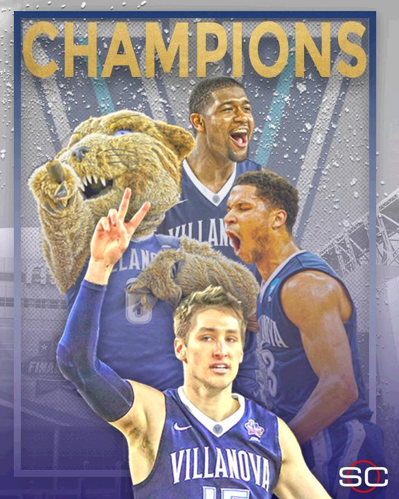SportsCenter's tweet photo. WHAT A FINISH! Kris Jenkins hits a buzzer-beating 3 to win the National Championship for Villanova. https://t.co/8Zbut2sGXU