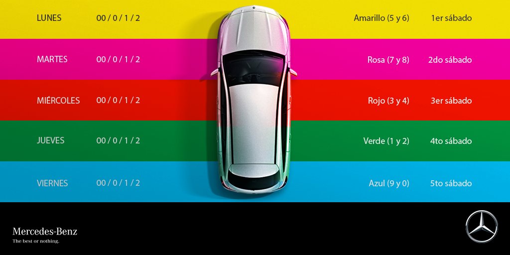 MercedesBenzMx's tweet photo. Recuerda,desde mañana se ajusta el programa #HoyNoCircula,por lo que los autos dejarán de circular según su engomado https://t.co/q7eVNgDEh2