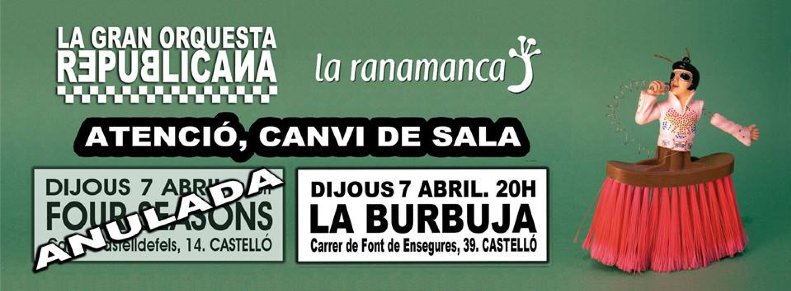 Este jueves 7 trasladamos el concierto previsto a <a href="/LaBurbuja39/">La Burbuja</a> #LaRanaManca + #LaGranOrquestaRepublicana a las 20hrs