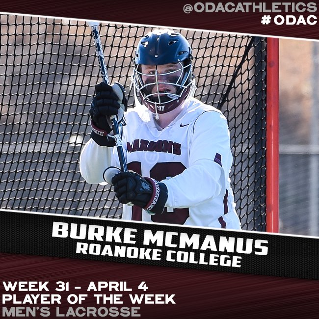 odacathletics's tweet photo. .@RCmaroons Burke McManus is the #ODAC MLAX Player of the Week! @USILA_Lax #LMRanks https://t.co/Y3MXqzuksM https://t.co/3GAsFISt5h