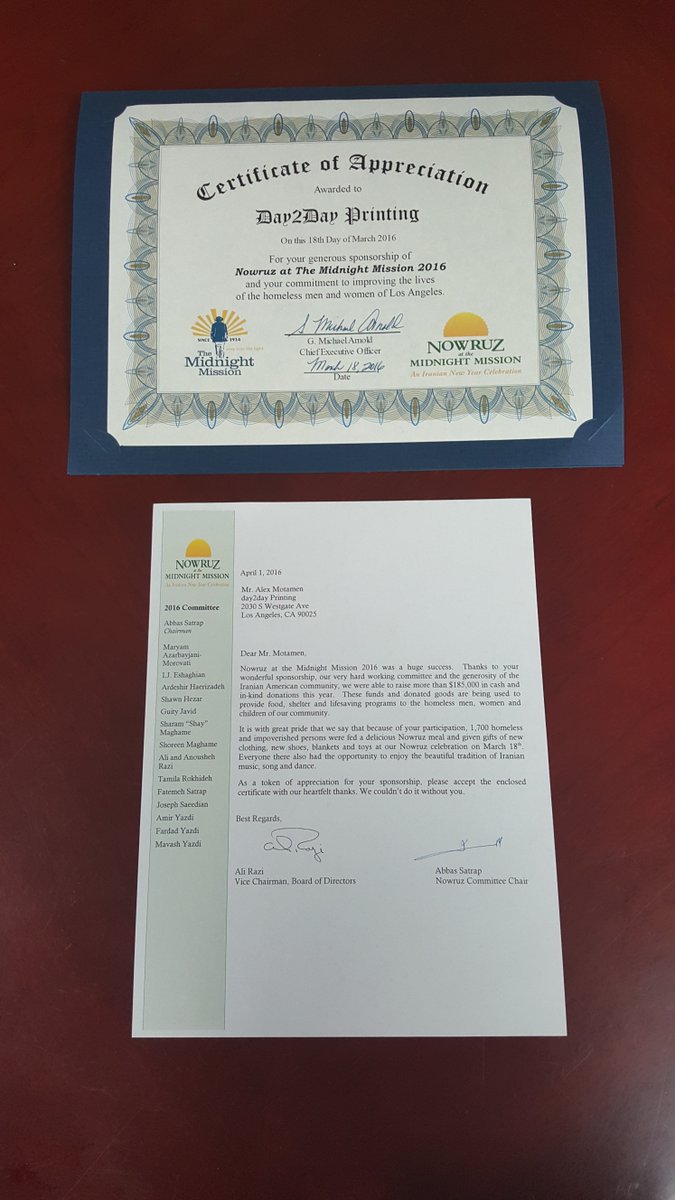 Day2DayPrinting's tweet photo. A big thanks to Midnight Mission for the acknowledgement! It was an honor to help out. #happymonday #helpinghands https://t.co/ZjOFKfJL2V