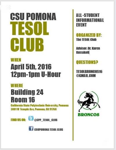 CPP_TESOL_CLUB's tweet image. A friendly announcement of our next meeting this upcoming Tuesday. How to find jobs for TESOL educators and more!