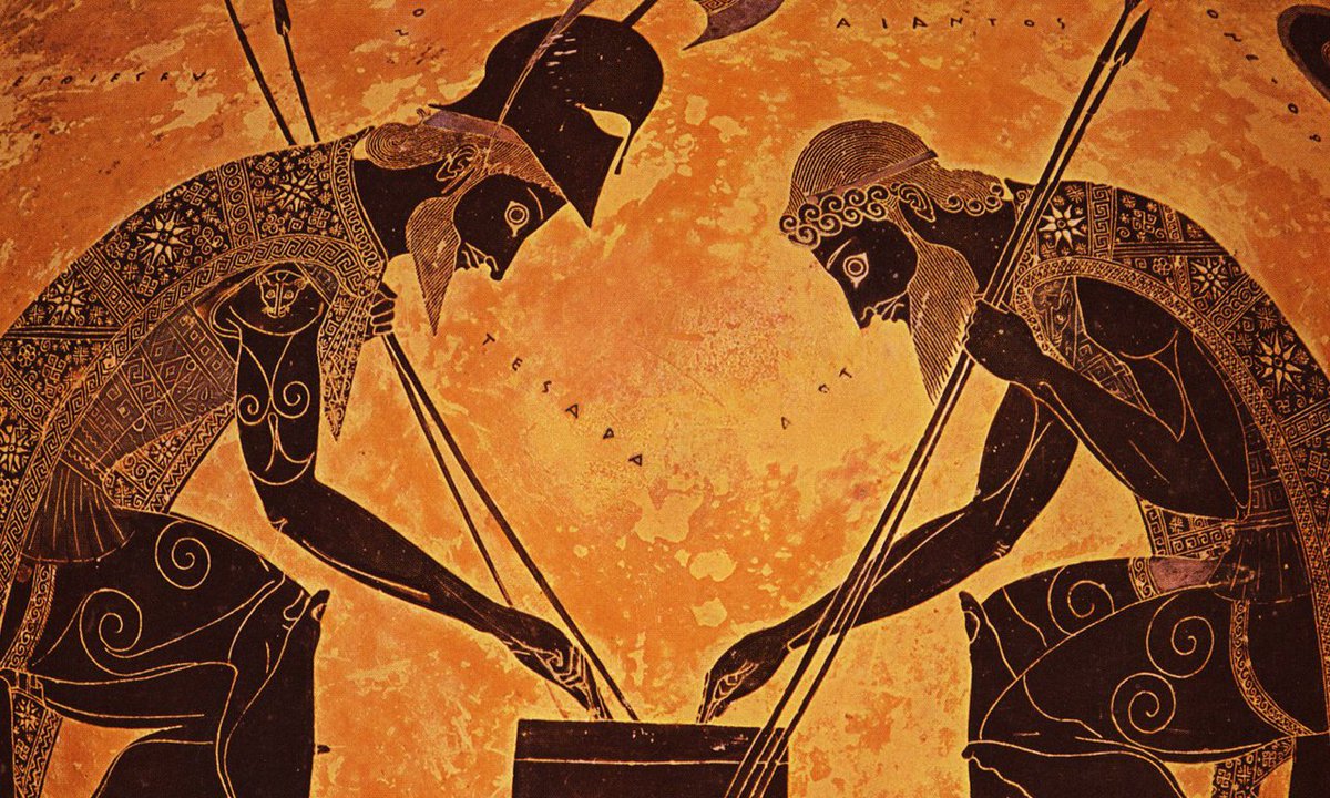 CartographyGame's tweet photo. What board game do you think Achillies and Ajax played, as depicted in this Greek vase? #strategygames #tabletop https://t.co/rTj6VJN0Vn