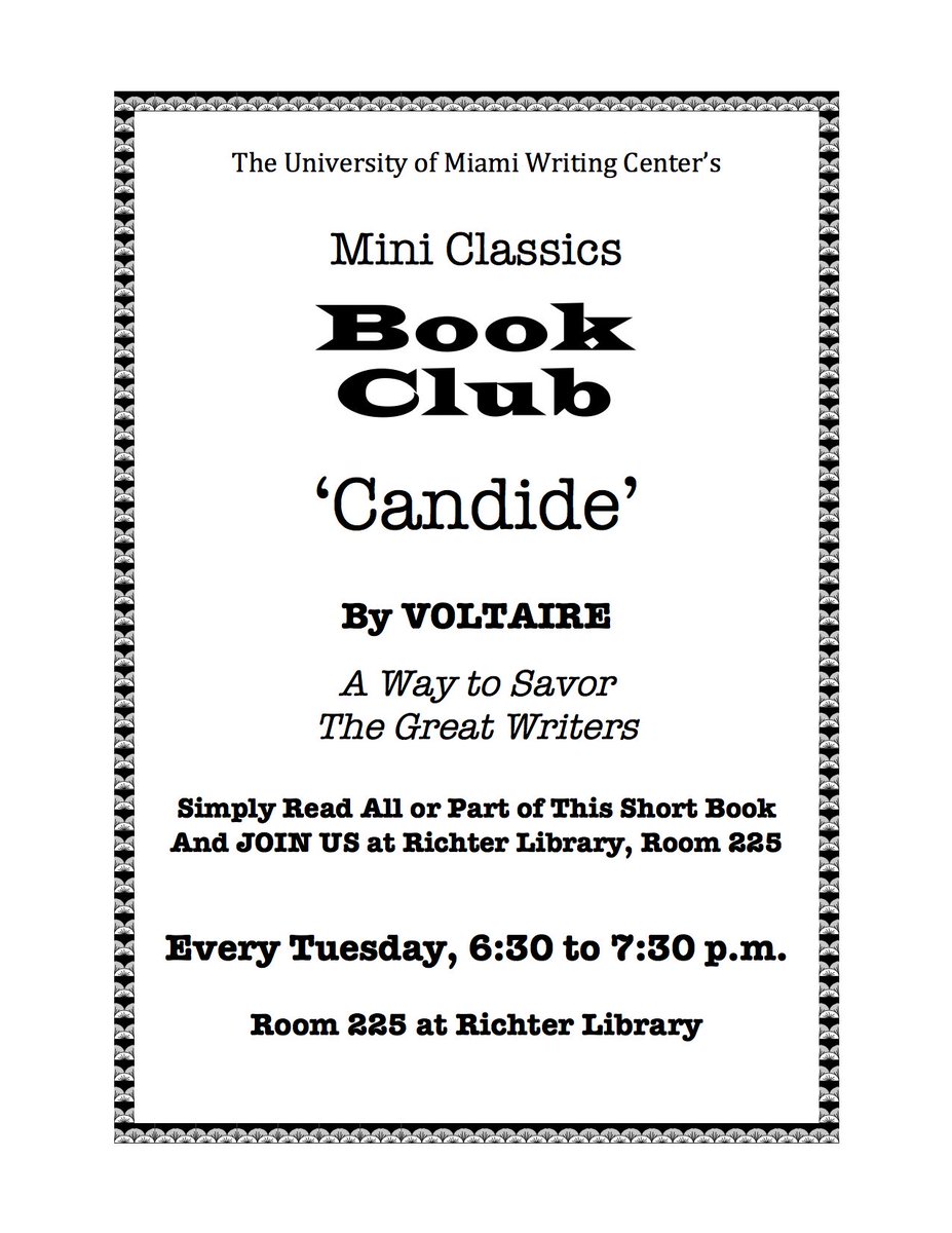 UMWritingCenter's tweet image. Don't forget: Every Tues from 6:30-7:30 is our Mini Classics Book Club! Let's chat about Voltaire's Candide.