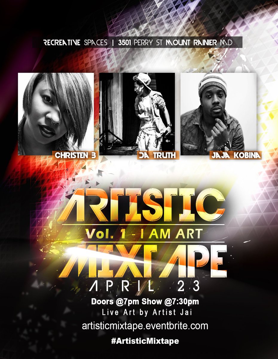 ArtisticMixtape's tweet photo. Its gonna be the move. SPOKEN WORD and Are &amp; Be Music.  April 23. @ReCreativeSpace. @CheGilesPhotos @artistjai. https://t.co/ypdIMgW0LC