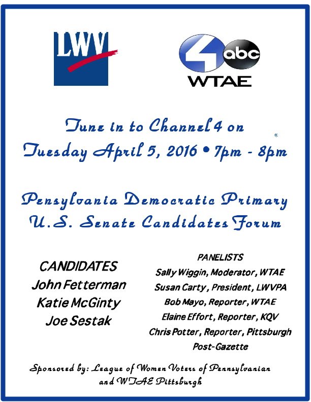LWVPGH's tweet photo. Tue on #WTAE4 Watch historic debate #USSenate #DemocraticPrimary candidates. Post your questions on the @WTAE FB p. https://t.co/uThdERMGiY