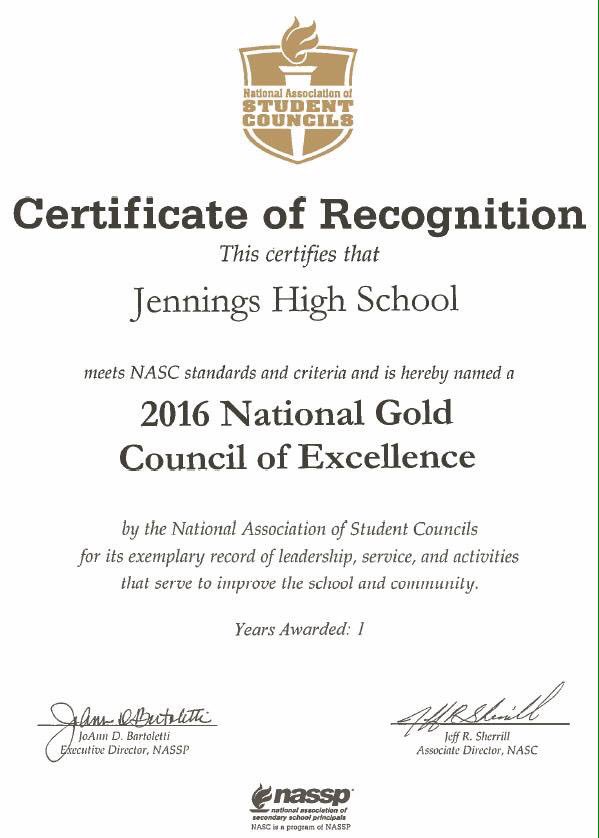 Outstanding job by the Jennings Senior High Stu-Co Members & Sponsors, Mr. Spivey/Mrs. Messina. What an honor!