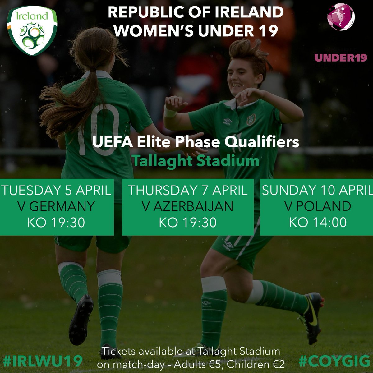 GAME DAY for #IRLWU19 - Only €5 for adults &amp; €2 for kids <a href="/TallaghtStadium/">Tallaght Stadium</a> KO 19:30 #SeeTomorrowsStarsToday #COYGIG