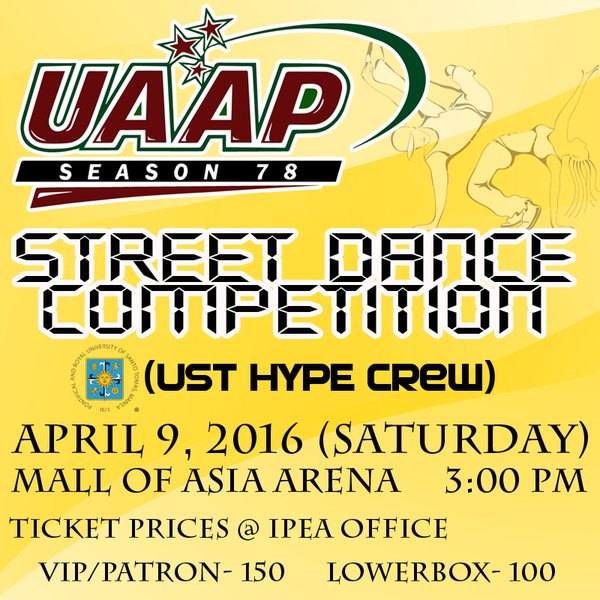 TheUSTSOCC's tweet photo. UAAP Streetdance Tickets are now available @ IPEA Office
Ticket Selling Sched: April 5 (3pm-6pm) - April 8 (8am-3pm) https://t.co/tzM4Cx96on