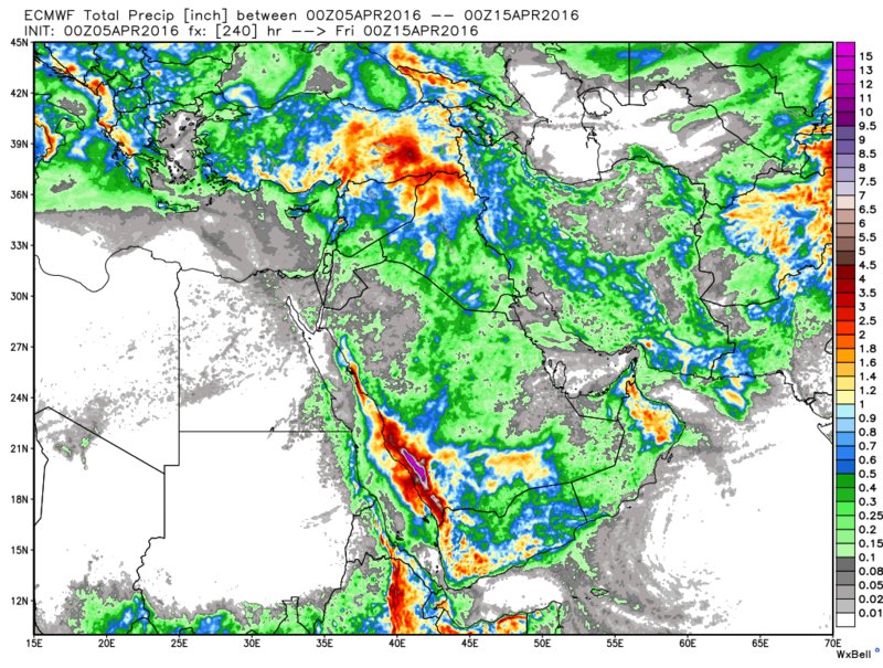 توقعات تراكم هطول الأمطار من النموذج الاوروبي خلال الفترة من 5-15 ابريل 
والله أعلم