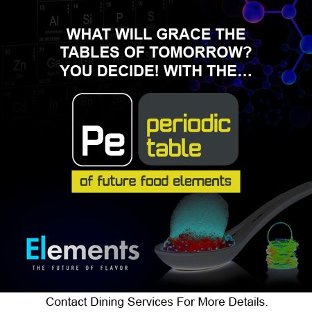 PCDining_401's tweet photo. Eat your way through the periodic food table at dinner #PCdining #MadLab https://t.co/wbJkJruDIW