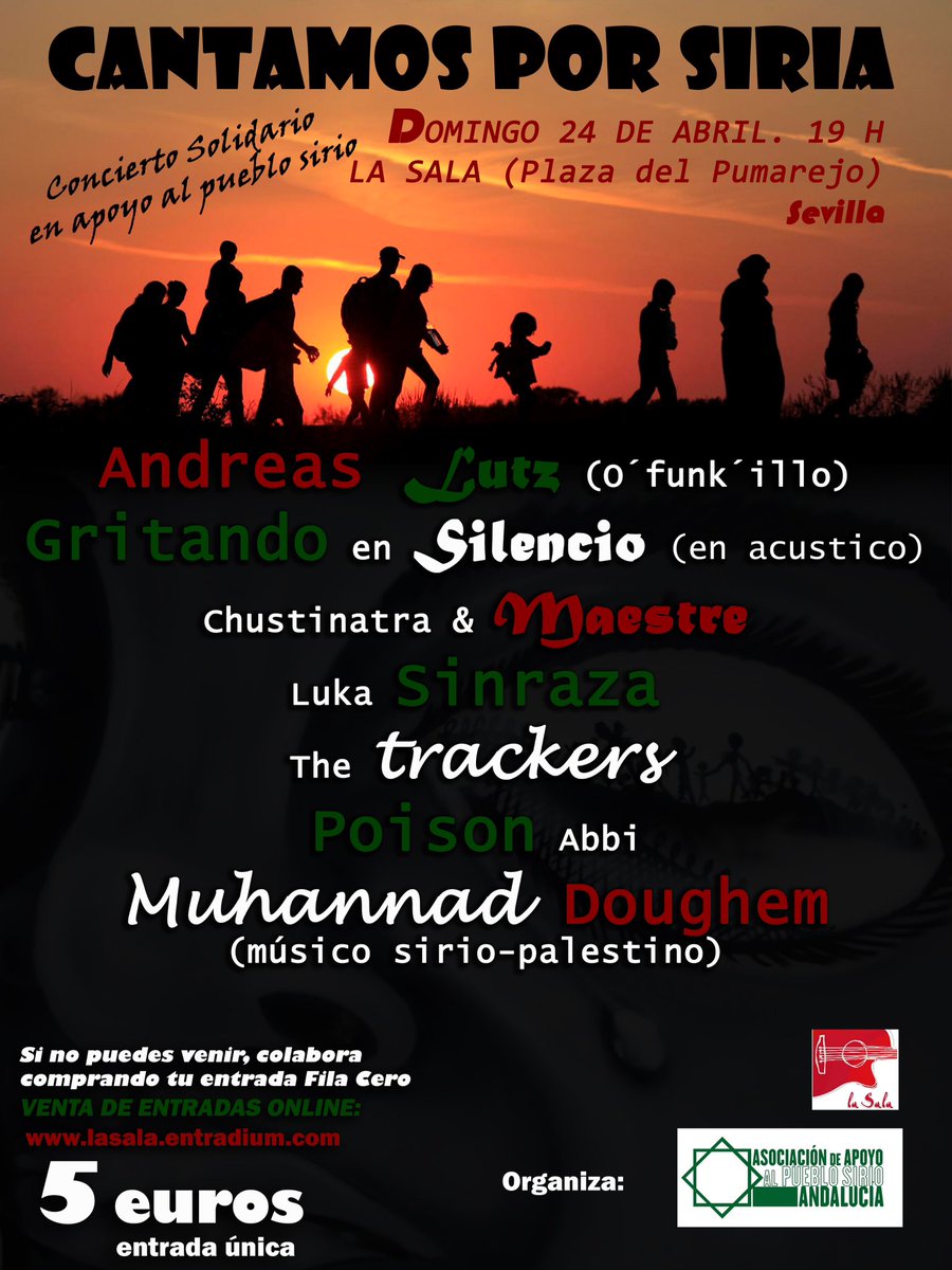 D24 en <a href="/LaSalaSVQ/">la Sala</a> concierto benéfico CANTAMOS POR SIRIA

<a href="/AndreasfunkLutz/">Andreasfunk Lutz</a> <a href="/Los_Gritando/">Gritando en Silencio</a> y +
entradas @Entradium

RT