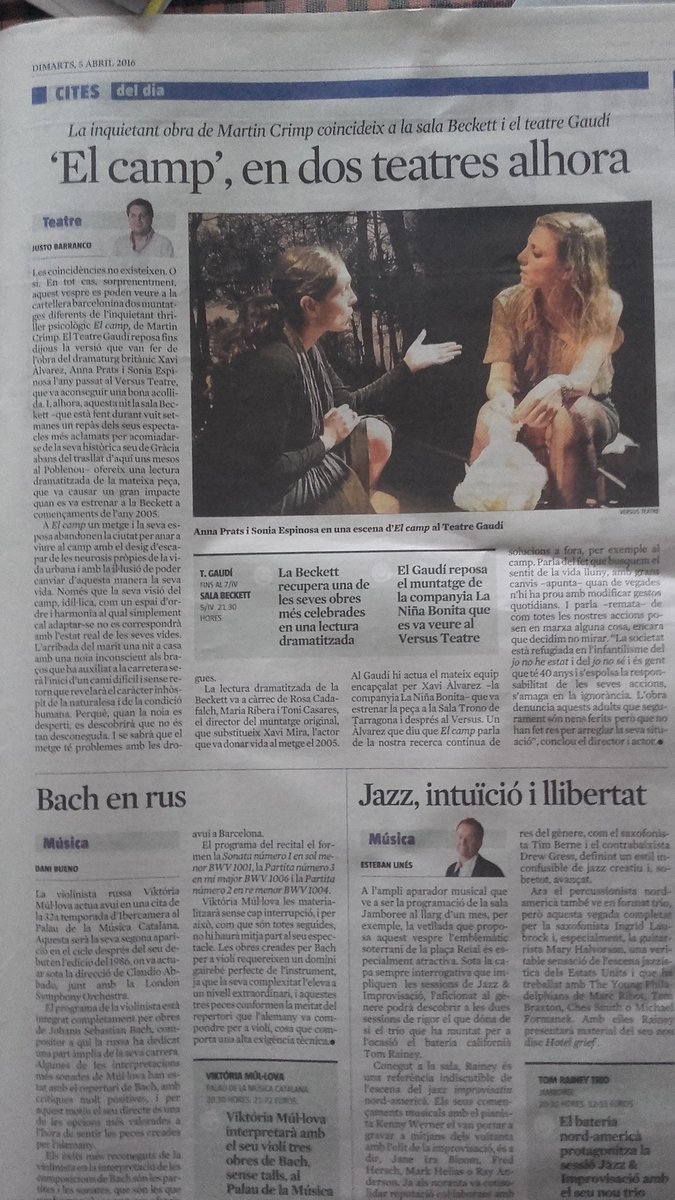 cialaninabonita's tweet photo. 3 funcions!! #Elcamp i avui parlen de nosaltres a la @LaVanguardia  Avui 20;45 al @teatregaudi T'hi esperem! https://t.co/gXXLgVEbsp