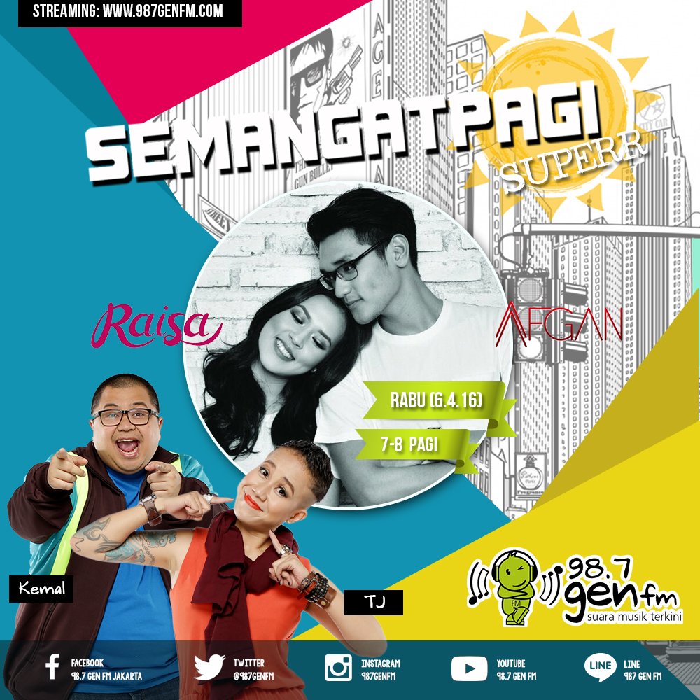 gen987fm's tweet photo. Mau duet sama @raisa6690/ @afgansyah_reza? Berarti bsk kamu WAJIB dengerin #SemangatPagiSuperrAfganRaisa, jam 7 ya! https://t.co/r9IoVwkY2n