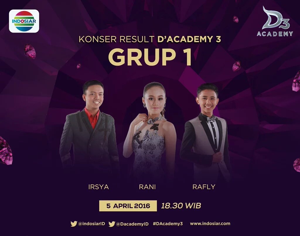 DA3_Fans's tweet photo. Konser result grup 1 pkl 18.30 WIB
W/ @irfanhakim @Rina_Nose @dhikacungkring @iis_dahlia @daratista_inul @showimah https://t.co/k3iiy4BTE2