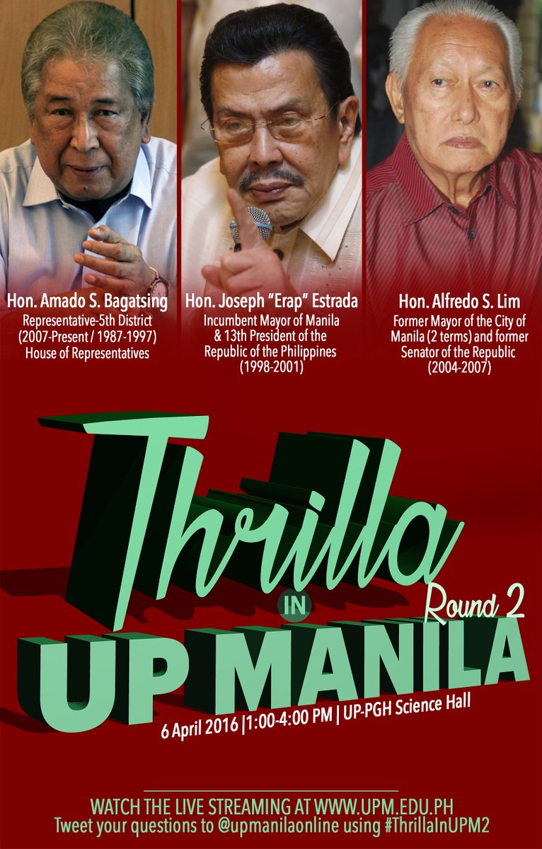 UPManilaOnline's tweet image. “THRILL AT UP MANILA, ROUND 2”: Can be via livestream.upm.edu.ph Live Tweeting: use #ThrillaInUPM2