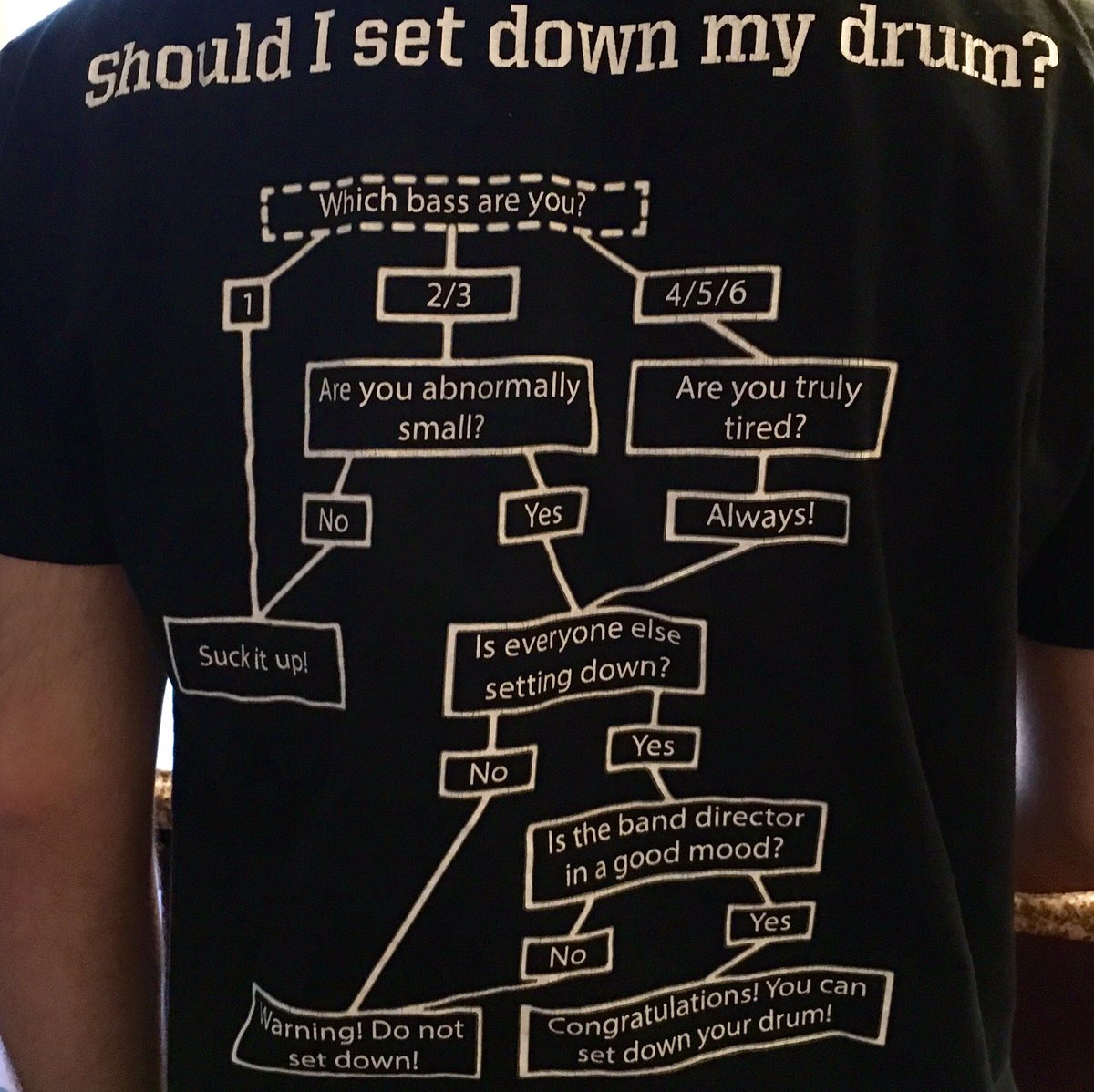 samuelhazo's tweet photo. MUSICIAN FRIENDS, enjoy at will! My son wore his school's drumline/bassline shirt today. I laugh every single time.🙂 https://t.co/BHCprkOL1O