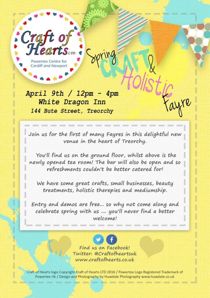 .<a href="/craftofheartsuk/">Craft of Hearts</a> are hosting a Craft &amp; Holistic Fayre at the <a href="/whitedragoninn/">thewhitedragon</a> this Saturday between 12-4pm #Rhondda