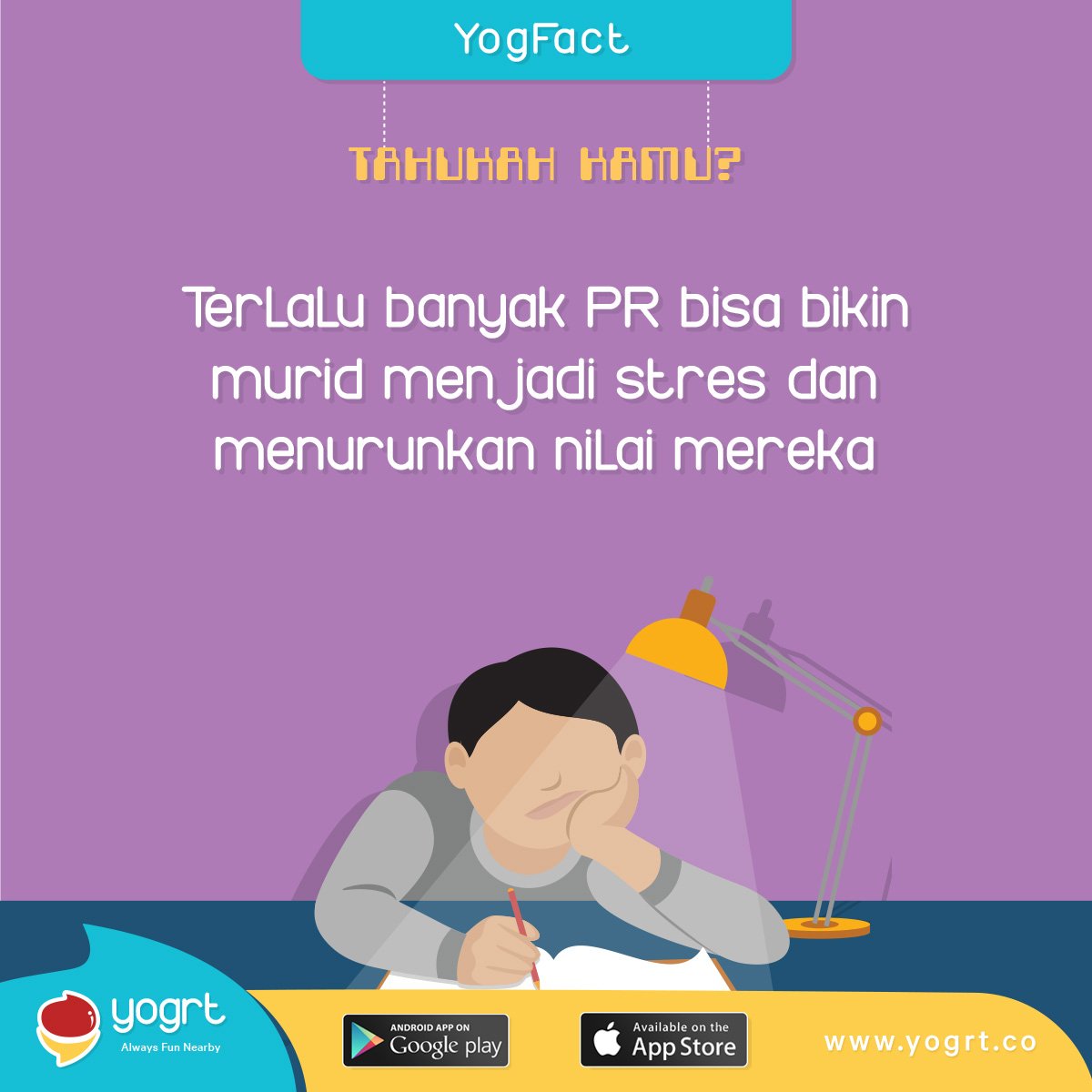 YogrtID's tweet photo. Buat yang PR sekolahnya numpuk, jangan sampe stres dan bikin nilai anjlok ya! #YogFact https://t.co/Yt9gFAJgmQ