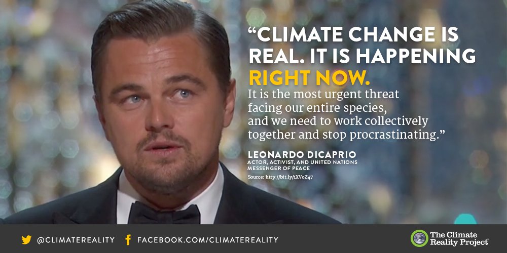 ClimateReality's tweet photo. #ClimateChangeIsReal and we can solve it together. Retweet if you agree with @LeoDiCaprio! https://t.co/4pJUlpBfLH