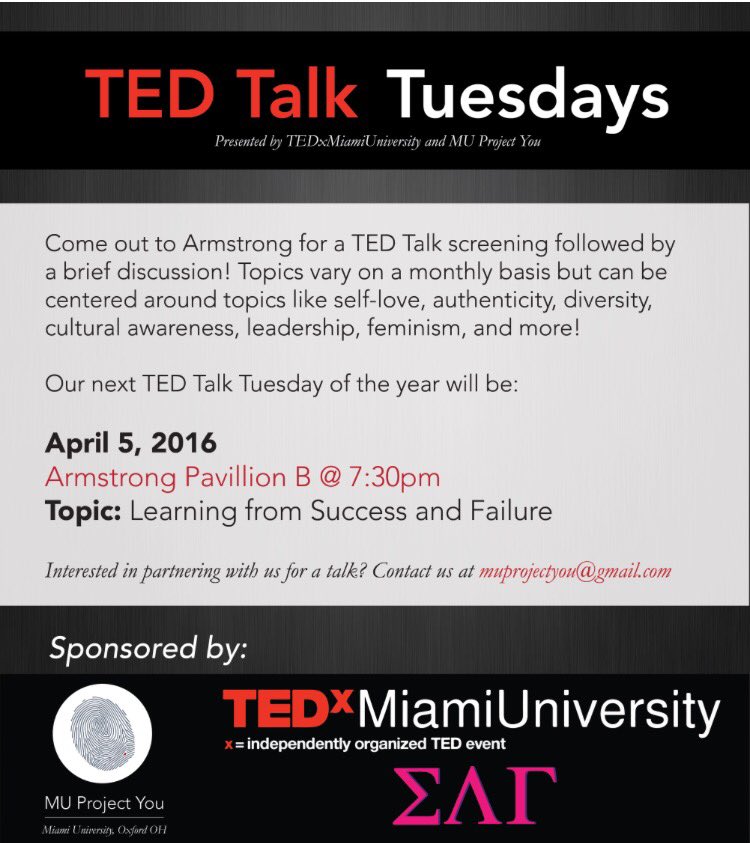 MUProjectYou's tweet photo. Today's the day! Come out and see us and @PiGammaSLG for our TED Talk Tuesday! 7:30pm in Pavilion B @MiamiOH_ASC https://t.co/gV3HTQnYfX