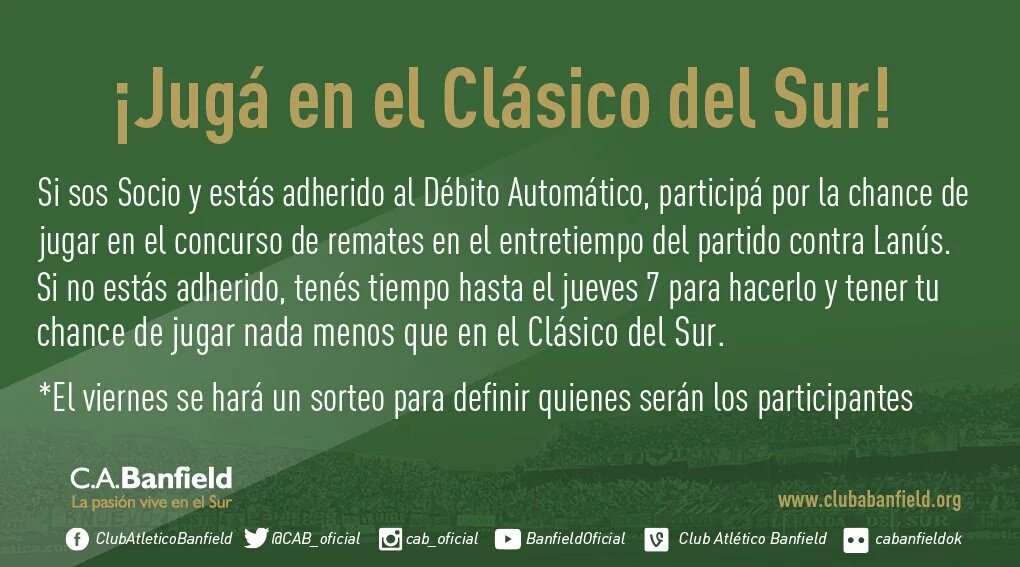 cab_oficiaI's tweet photo. No te pierdas la posibilidad de jugar en el #ClasicodelSur! https://t.co/a6vP7t9auZ