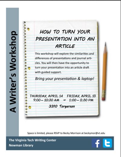 VTwritingcenter's tweet photo. VT graduate students, do you have a conference presentation you'd like to turn into a journal article? Let us help! https://t.co/GZ0OldIMG0