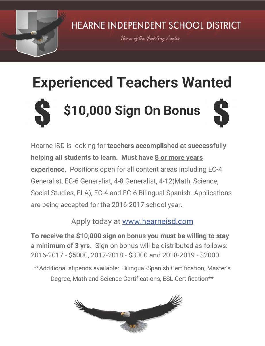 $10,000 Sign on Bonus for Experience teachers!!
 goo.gl/Y4DySk