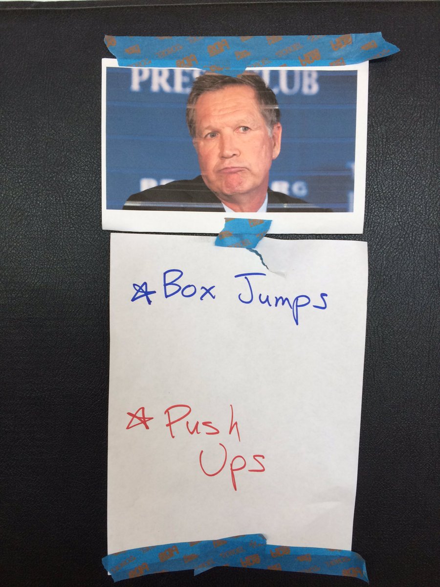 CaulHudson's tweet photo. #Decision2016-themed stations in #RayBootcamp #WOD today. Idk where Cruz went...probably for the best #CaullenFit https://t.co/ILX9Shv0fN