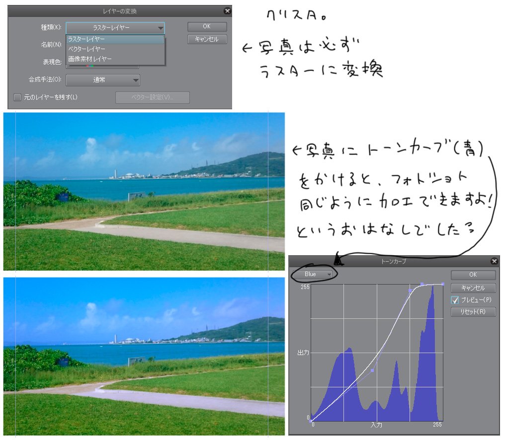 聖月 フォトショで青チャンネルのコントラストを上げた時と同じ色になるようにトーンカーブを調整してみました クリスタの トーンカーブで同じ調整率で写真に加工すると同じくらいの色合いをクリスタでも出せます 前ツイの完成図はトーンカーブかけて