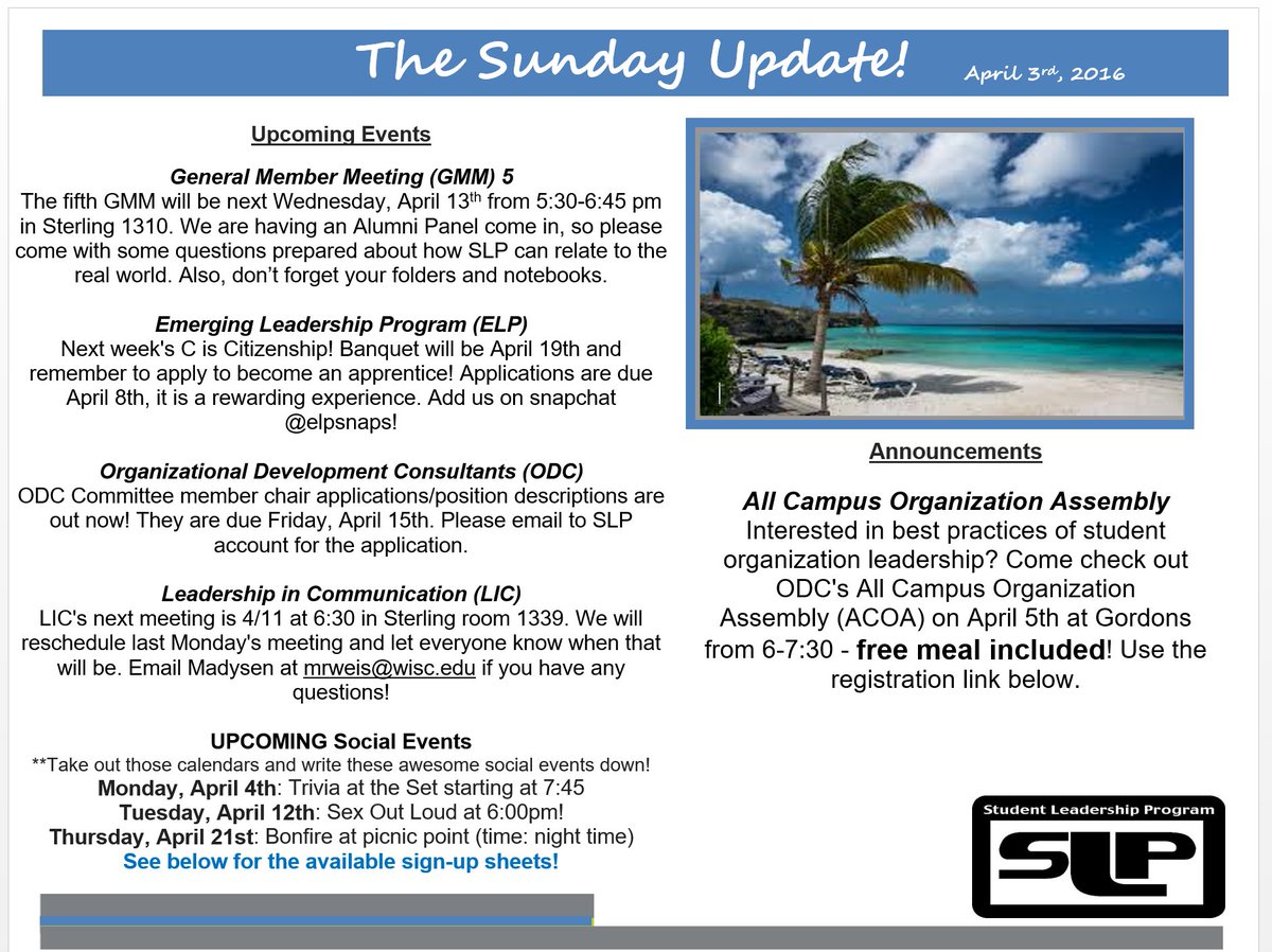 #SLPeeps Weekly Sunday Update from @SLPmadisonWI #LeadersOnCampus #GetInvolved