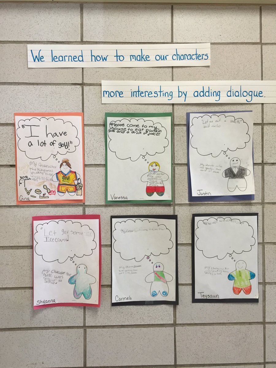 Students making their characters more interesting by adding dialogue.