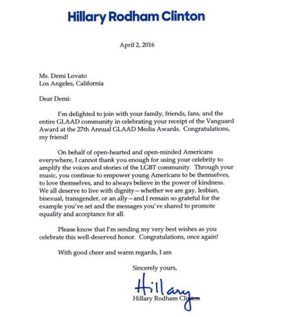 VirginRadioWPG's tweet photo. Demi Lovato received a very sweet letter from Hillary Clinton. #Tickets2Everything in 30 mins! 204-780-9467 https://t.co/mRikxjcN6C