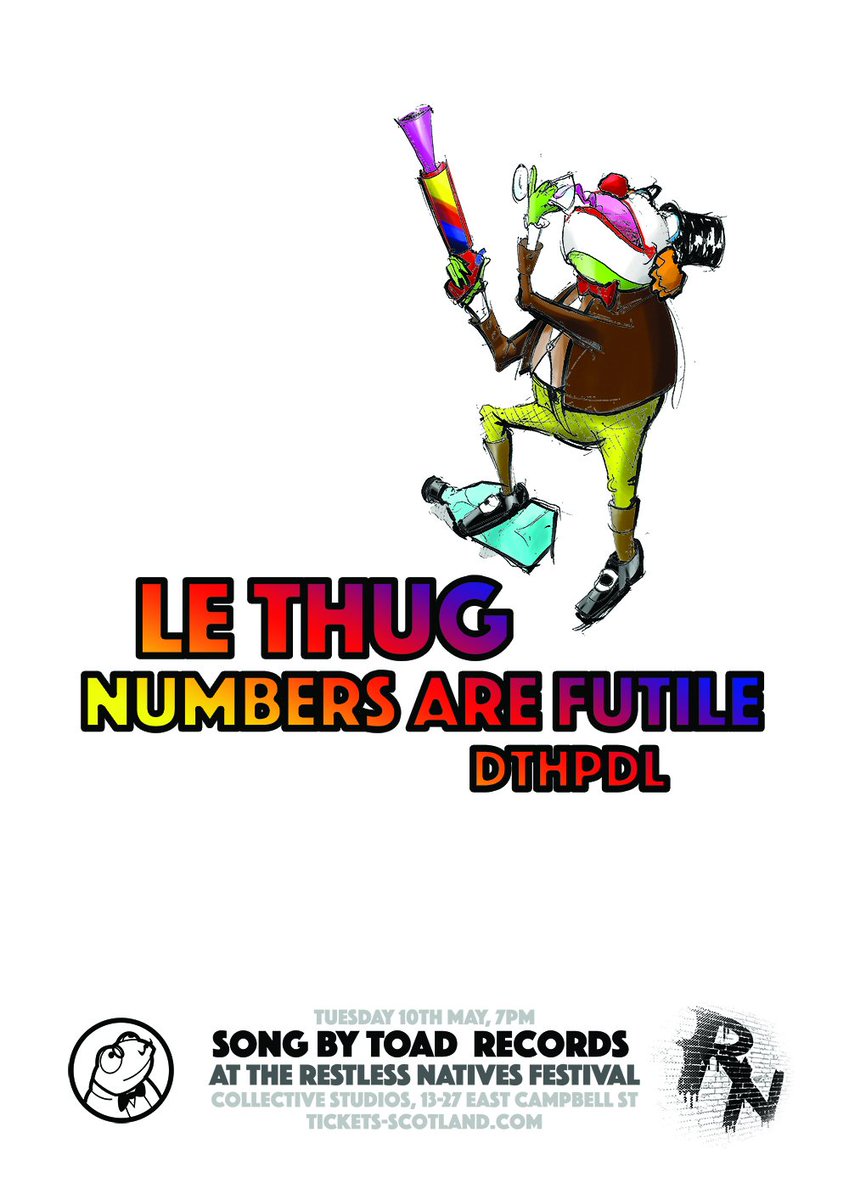 Ah @SongbyToad delivers again. He brings together <a href="/LeThug/">le thug</a> <a href="/weareNAF/">Numbers Are Futile</a> + <a href="/DTHPDL/">☠️💦</a> 10th May at <a href="/coworkglasgow/">Glasgow Collective</a> 💪
